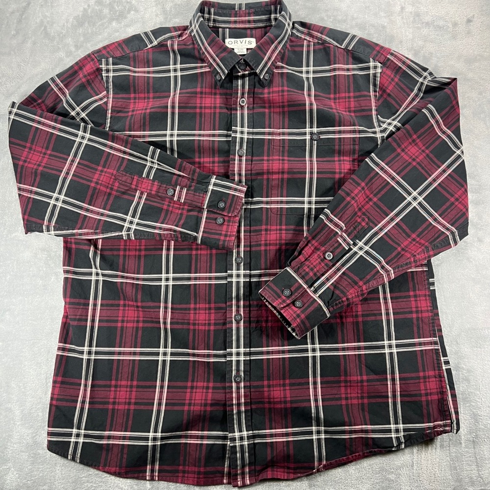 Orvis Classic Collection Mens XL Plaid Button Down Shirt Burgundy Black Long Slv